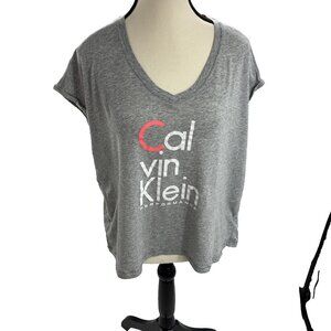 Calvin Klein Womens L Gray Performance V Neck Short Sleeve Logo T Shirt Top